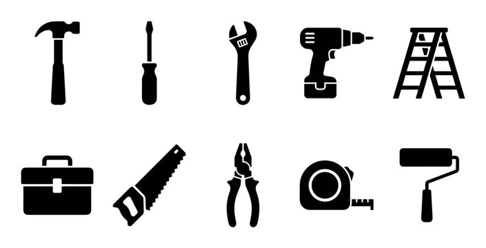 Various construction and repair tools icons collection representing home improvement, maintenance, and professional craftsmanship equipment in a clean, modern design.