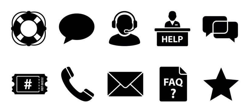 Customer support icons set featuring various assistance symbols for online help, contact us, and frequently asked questions sections.