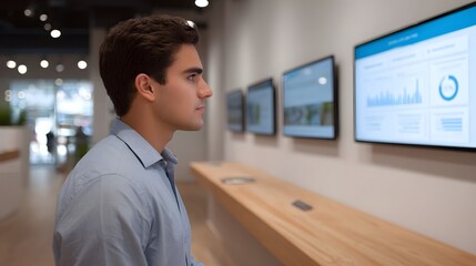 Obraz premium A professional person stands in a modern office overlooking displays showing business data and digital marketing information