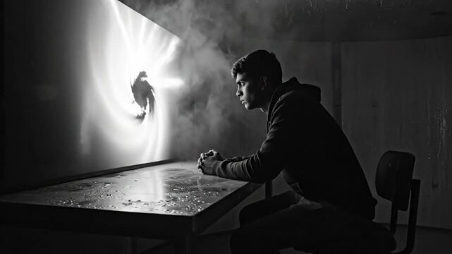 Mysterious Young Man Contemplating A Spiraling Light Phenomenon in a Dark Room