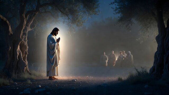 Jesus praying apart from his disciples as the main subject, the disciples resting close enough to remain visible yet distant enough to show the unique burden of redemption, Garden of Olives at night w