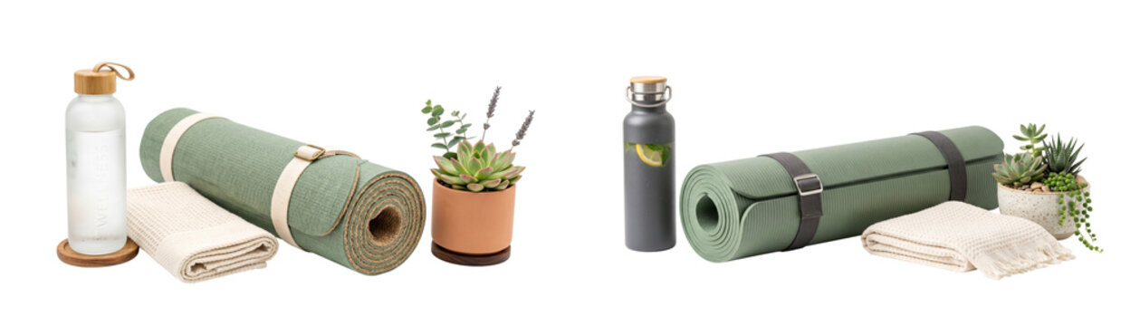 Still life of yoga essentials including a rolled mat water bottle plant