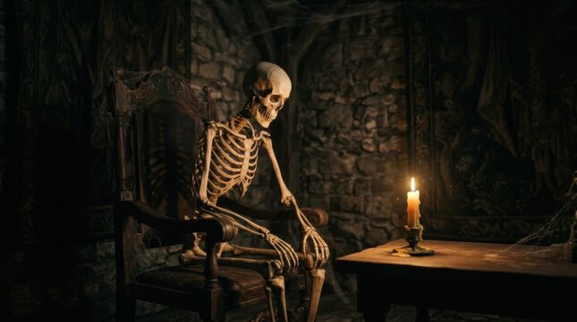 Side view skeleton with candle in cobwebbed stone interior. Halloween concept.