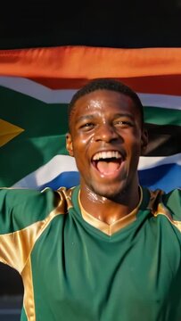 Vertical video: Cheering man in green-gold jersey holding SA flag at sunny stadium after match win