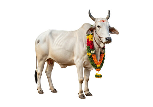 White zebu cow decorated with flower garland for Indian religious festival
