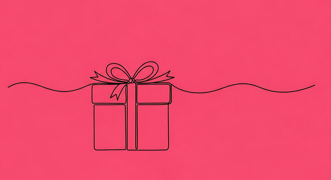Simple line art gift box with ribbon on pink background birthday celebration surprise minimalist wrapping valentines anniversary christmas greeting