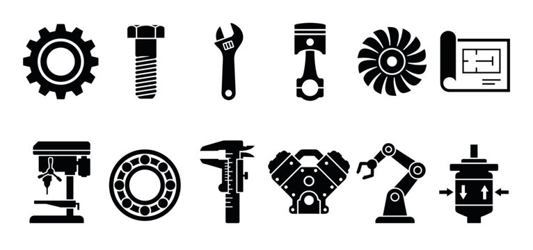 Mechanical engineering industrial tools components icons set featuring essential machinery parts, manufacturing equipment, and design elements in a clear silhouette style.