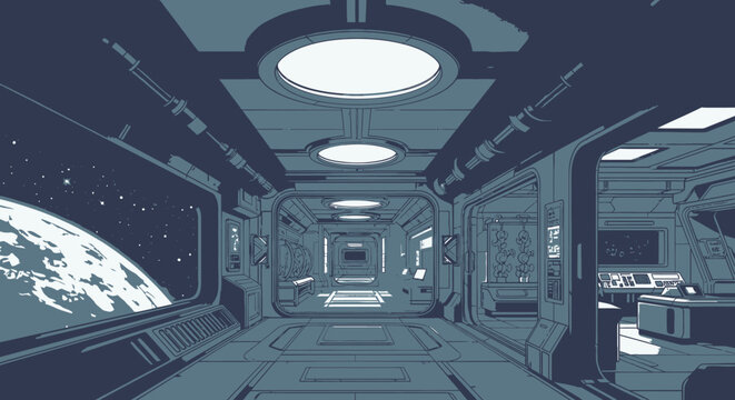 Isometric illustration of space station interior with celestial elements