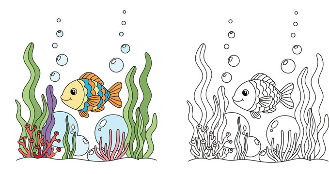 Underwater cartoon scene with cute fish, coral, and bubbles. Coloring book page template featuring a black and white line art outline and a fully colored vector example.