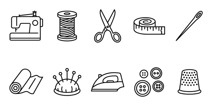 Sewing and tailoring tools and supplies line art icons set featuring machine, thread, scissors, measuring tape, and thimble for craft and fashion design projects.