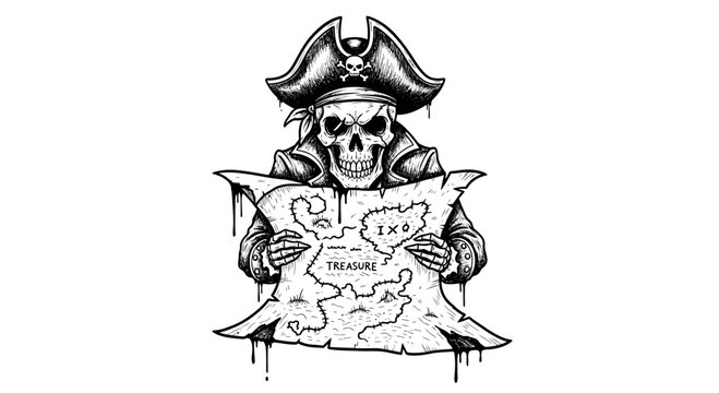 Skeleton pirate holding treasure map looking for adventure.