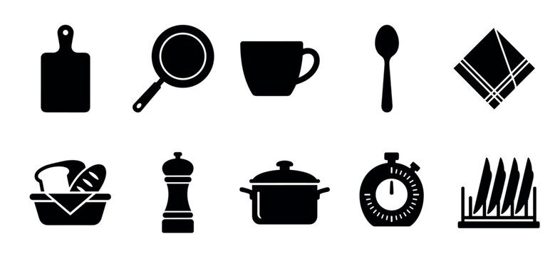 Various kitchen utensils, cooking equipment, and household items are presented as a collection of black silhouette icons, perfect for culinary themes.