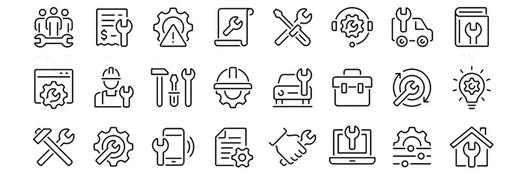 Repair Line Icon Set, Editable Stroke Maintenance and Technical Service Vector Illustration Collection with Transparent Background