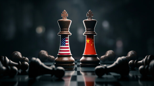 US and China chess kings surrounded by defeated black pawns