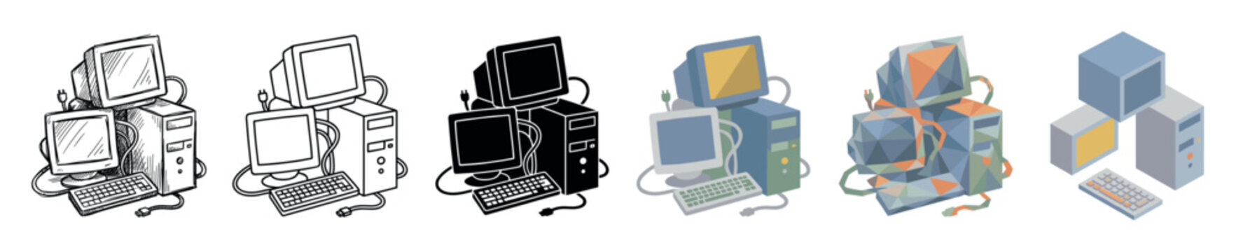 Desktop computer monitors keyboard CPU tower cables multi style icon set with sketch, outline, silhouette, flat, low poly, and isometric styles for technology concepts