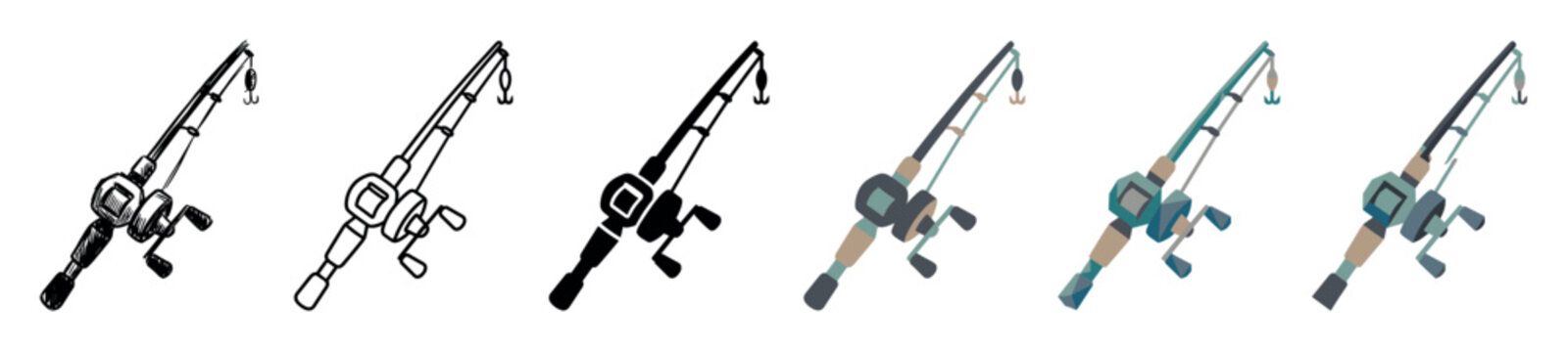 Fishing rod reel hook multi style icon set with sketch, outline, solid, and flat design