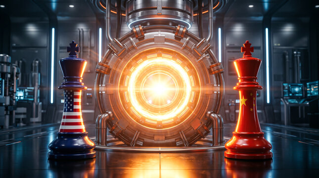 US and China chess kings standing before futuristic reactor