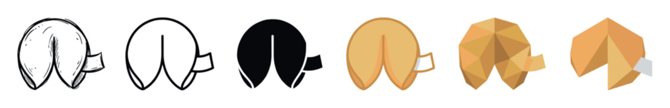 Fortune cookie multi style icon set with hand-drawn sketch, outline, solid, flat, and low poly styles