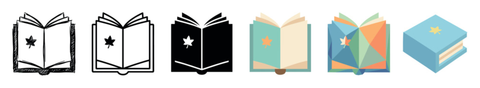Open book with maple leaf symbol multi style icon set with sketch, outline, solid, flat, polygonal, and isometric styles
