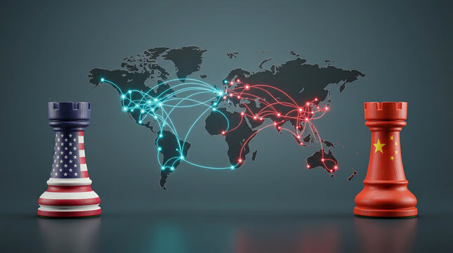 US and China chess pieces framing a glowing global network map