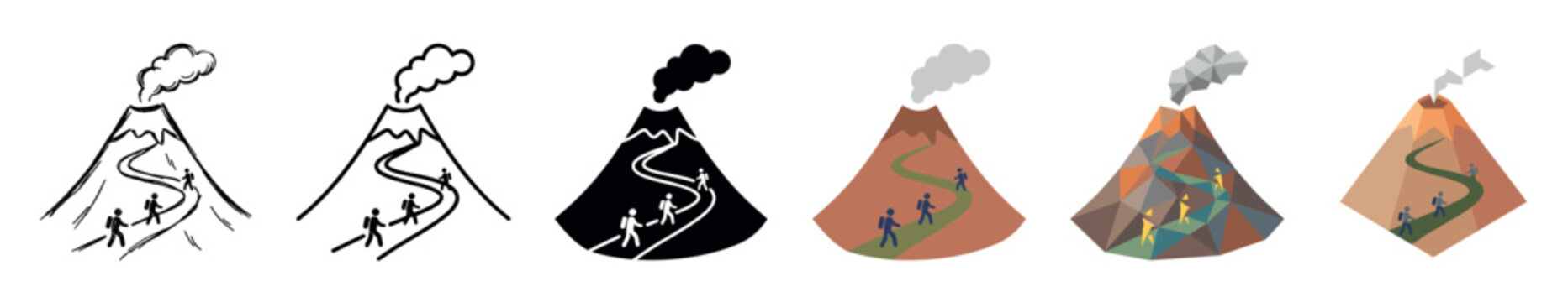 Volcano mountain hikers path smoke multi style icon set with doodle, outline, glyph, flat, low poly, and isometric styles
