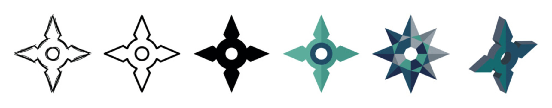 Shuriken ninja star weapon icons presented multi style icon set with doodle, outline, solid, flat, geometric, and 3D