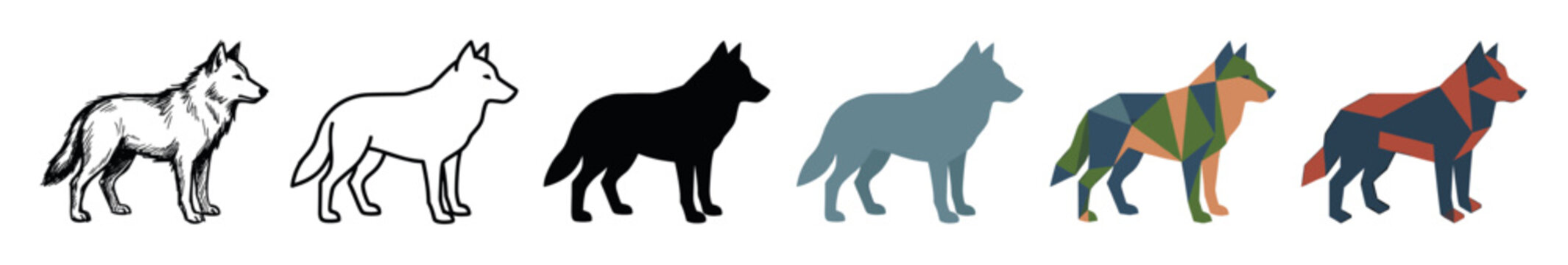 Wolf dog animal multi style icon set with hand-drawn sketch, outline, silhouette, flat, and geometric polygonal styles