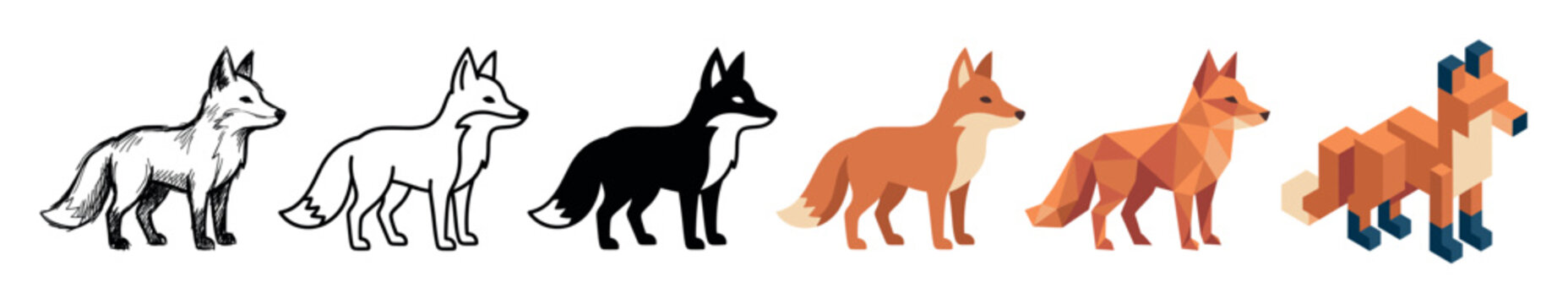 Fox animal multi style icon set with sketch, outline, solid, flat, low poly, and isometric