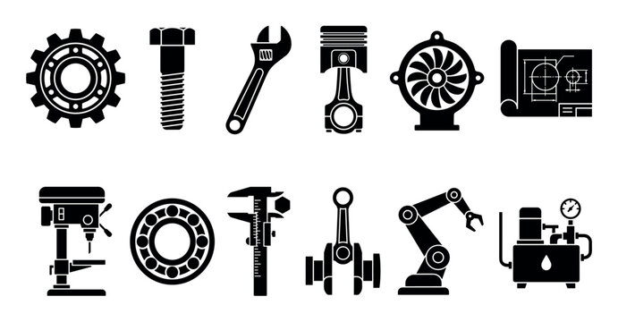 Mechanical engineering parts and tools icon set featuring various industrial components and instruments in a clean, modern silhouette style.