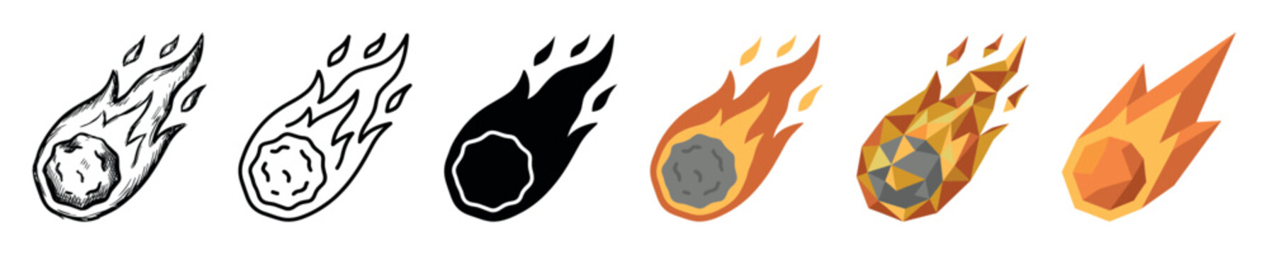 Meteorite comet asteroid multi style icon set with doodle, outline, glyph, flat, and polygonal styles