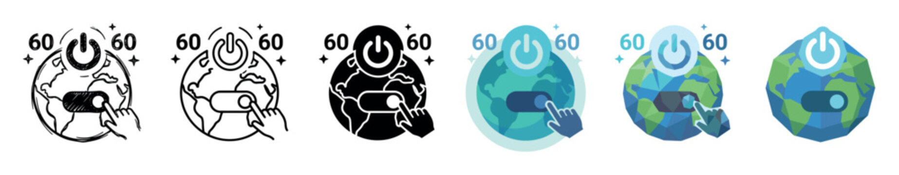 Earth globe power button hand switch multi style icon set with doodle, line, glyph, flat, and low poly styles for environmental concepts
