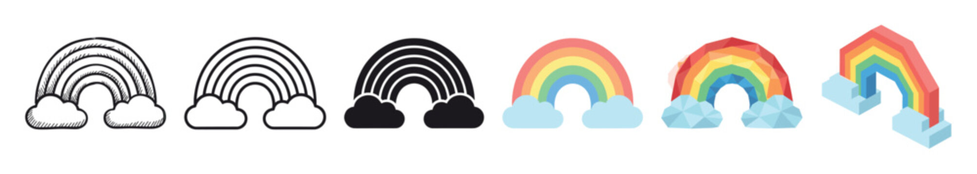 Rainbow cloud multi style icon set with sketch, outline, solid, flat, low poly, and isometric styles for weather and happiness concepts