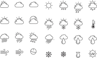 Obraz premium Weather forecast icon set featuring clouds sun rain snow wind temperature and humidity symbols in a clean minimalist line art style