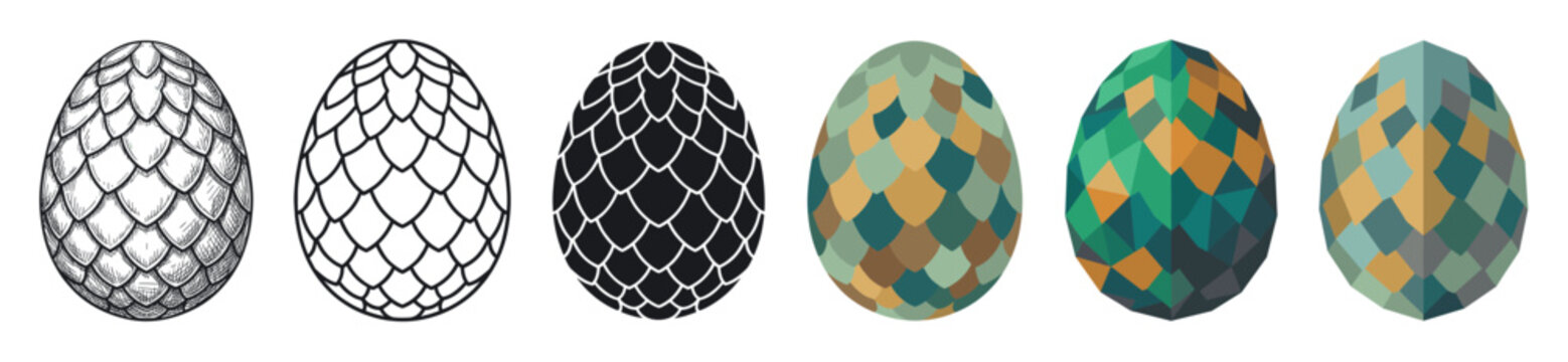 Dragon egg multi style icon set with hand-drawn sketch, outline, silhouette, and colorful geometric patterns set