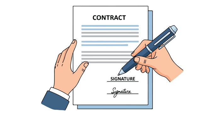 A person's hands signing a formal contract document with a pen, indicating agreement or completion of a legal process.