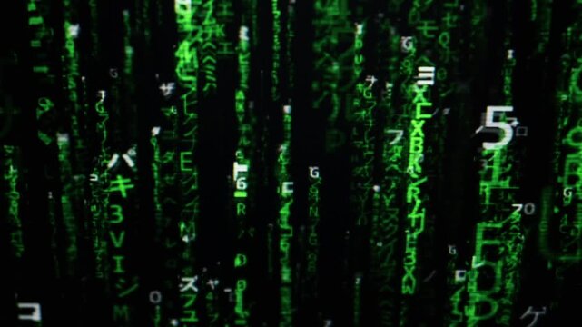 Neon green digital characters and symbols fall vertically down a black screen in a rain pattern. Concept of computer hacking, data streams, cyberspace, and virtual reality environments.