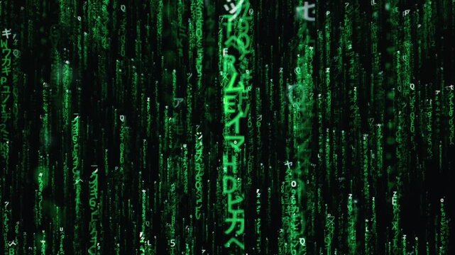 Glowing green digital characters fall vertically against a black background. The scrolling text resembles matrix style computer code. Cyberspace data processing environment.