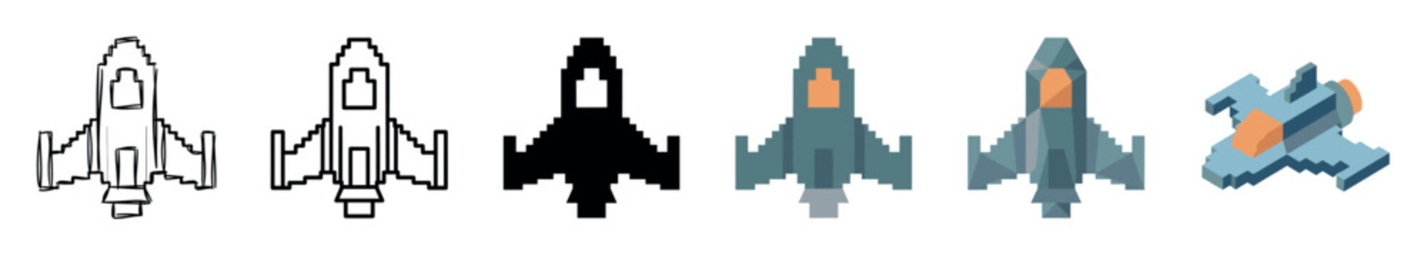 Spaceship rocket icons in various pixel art styles including outline, solid, flat, and isometric designs