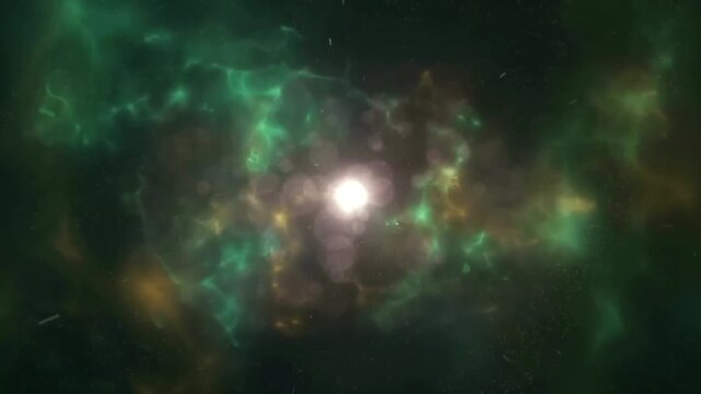Animation of a bright supernova star explosion in space. Spectacular cosmic burst with intense white light, flying particles, and colorful nebular dust expanding in deep universe.