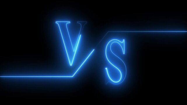  Blue Neon VS Letters Glowing on Black Background with Light Streaks, Dynamic motion graphic featuring glowing blue neon letters 'V' and 'S' against a dark background, symbolizing a competition.