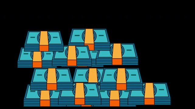Cartoon money stacks animation falling into pile on black background for finance projects. back ground transparent and looping style
