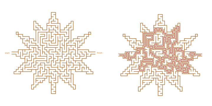 Maple leaf maze vector illustration with geometric pathways and autumn symmetry. Concept of canadian identity, thanksgiving celebration, puzzle solving and seasonal creativity