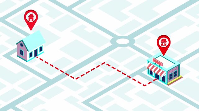 Animated Isometric Route Map with Home and Store Pins, Dashed Delivery Navigation Path, Business Location Concept