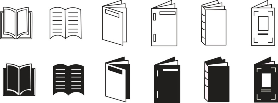 Book line icon set featuring leaflet, flyer, catalog, open magazine, booklet, and corporate print collateral vector symbols.
