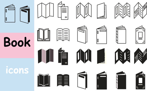 Book line icon set featuring leaflet, flyer, catalog, open magazine, booklet, and corporate print collateral vector symbols.
