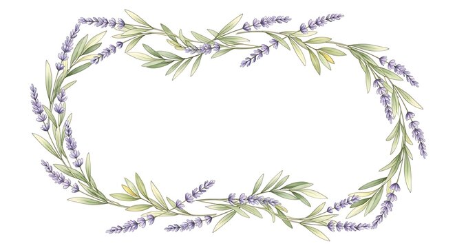 Elegant floral border frame made of watercolor lavender sprigs and green olive tree leaves