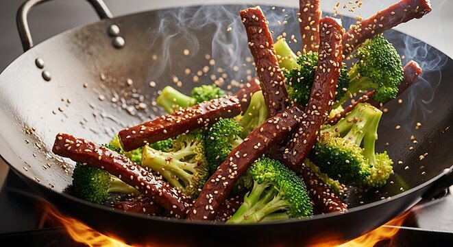Stir-fried plant-based beef strips with fresh broccoli and sesame seeds in a hot wok pan