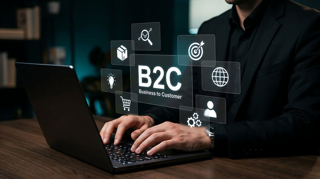 Business person working on laptop with B2C business to customer icon concept