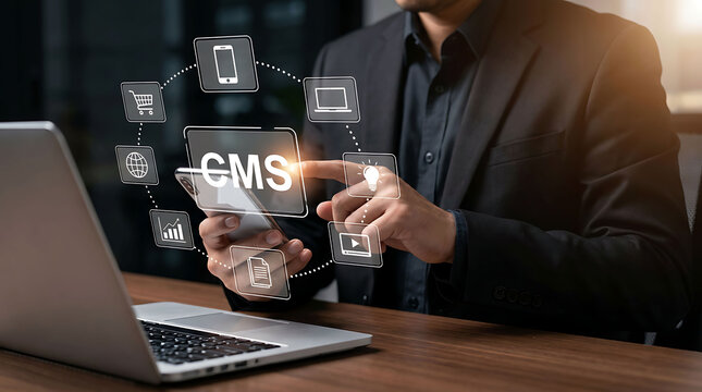 Businessman using content management system CMS on smartphone for digital marketing