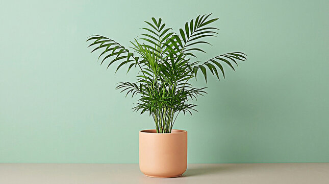 Vibrant green parlor palm houseplant sitting inside a minimalist peach ceramic pot in this studio photo
